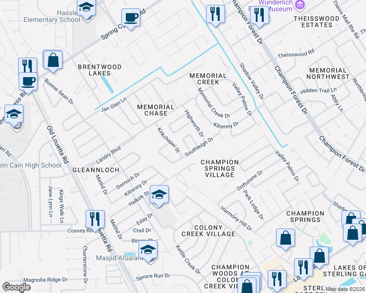 map of restaurants, bars, coffee shops, grocery stores, and more near 17015 Fenny Bridge Lane in Spring