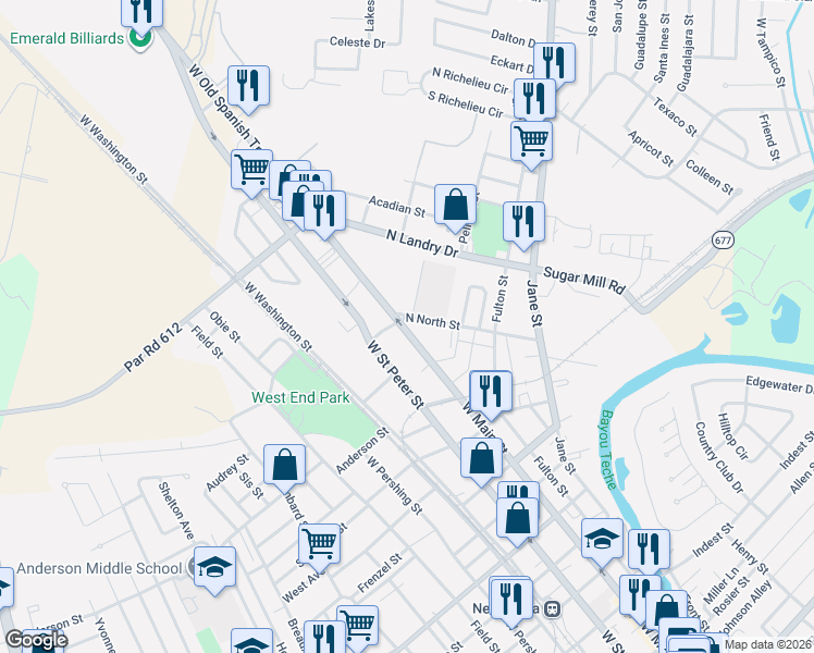 map of restaurants, bars, coffee shops, grocery stores, and more near 100-170 North St in New Iberia