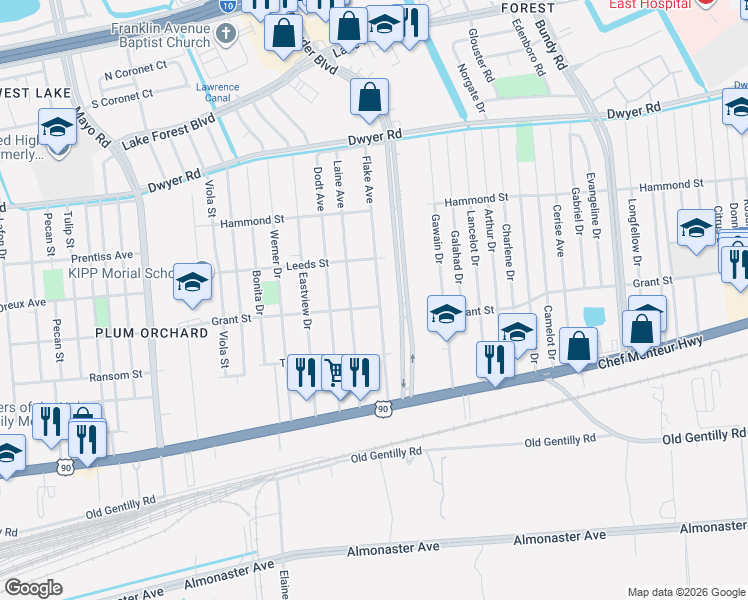 map of restaurants, bars, coffee shops, grocery stores, and more near 4608 Flake Avenue in New Orleans