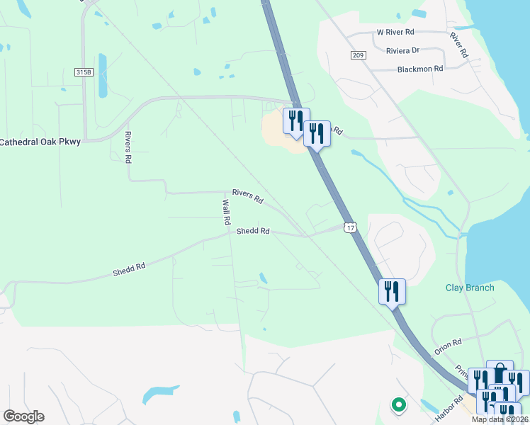 map of restaurants, bars, coffee shops, grocery stores, and more near 1477 Rivers Road in Green Cove Springs