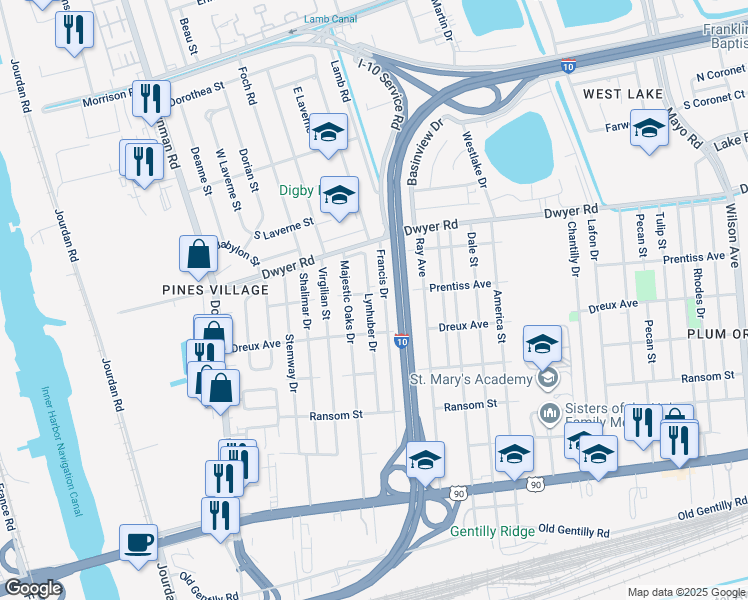 map of restaurants, bars, coffee shops, grocery stores, and more near 4751 Lynhuber Street in New Orleans