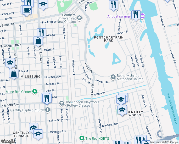 map of restaurants, bars, coffee shops, grocery stores, and more near 5662 Press Drive in New Orleans