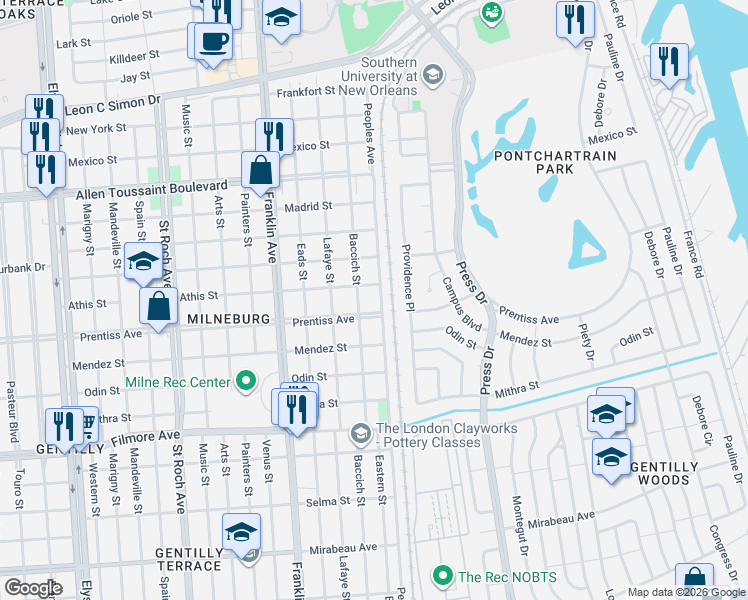 map of restaurants, bars, coffee shops, grocery stores, and more near 5713 Baccich Street in New Orleans