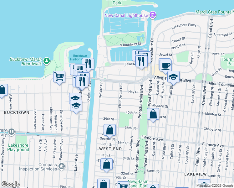 map of restaurants, bars, coffee shops, grocery stores, and more near 317 Stafford Place in New Orleans