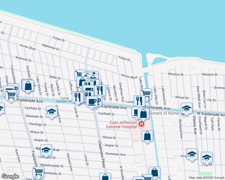 map of restaurants, bars, coffee shops, grocery stores, and more near 4408 Belle Drive in Metairie