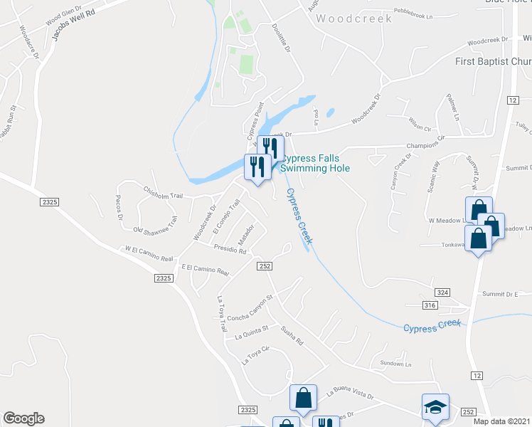 map of restaurants, bars, coffee shops, grocery stores, and more near 20 Town House Circle in Wimberley