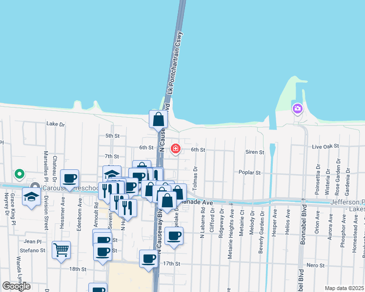 map of restaurants, bars, coffee shops, grocery stores, and more near 3821 Ridgelake Drive in Metairie