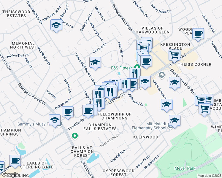 map of restaurants, bars, coffee shops, grocery stores, and more near 16906 Castleton Farms Road in Spring