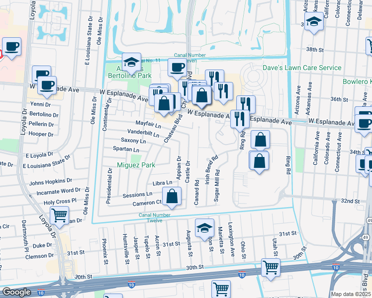 map of restaurants, bars, coffee shops, grocery stores, and more near 3337 Cannes Place in Kenner