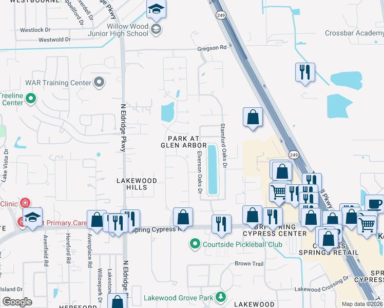 map of restaurants, bars, coffee shops, grocery stores, and more near 11703 Park Cedar Ct in Tomball