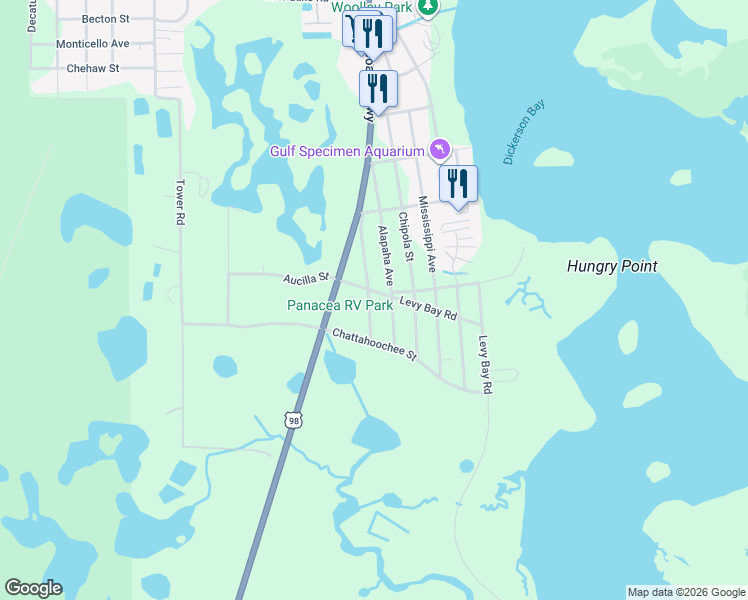 map of restaurants, bars, coffee shops, grocery stores, and more near 31 Levy Bay Road in Panacea