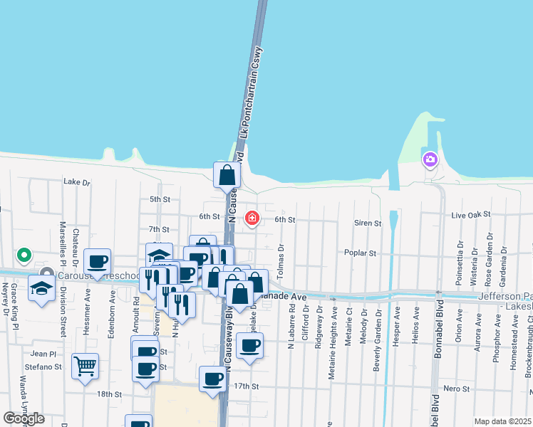 map of restaurants, bars, coffee shops, grocery stores, and more near 3823 Ridgelake Drive in Metairie