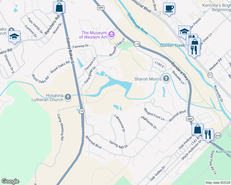 map of restaurants, bars, coffee shops, grocery stores, and more near 387 Englewood Drive in Kerrville