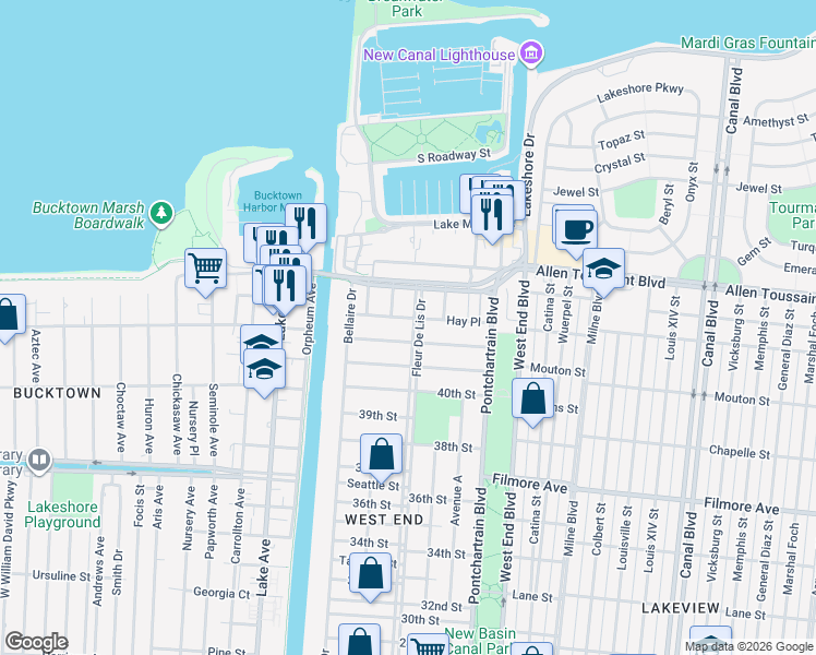 map of restaurants, bars, coffee shops, grocery stores, and more near 317 Stafford Place in New Orleans