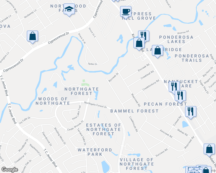 map of restaurants, bars, coffee shops, grocery stores, and more near 16919 Creeksouth Road in Houston