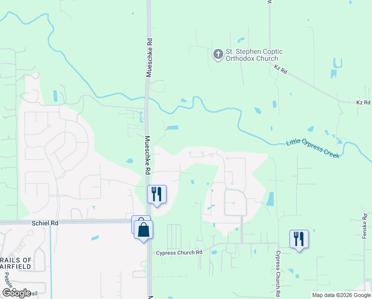 map of restaurants, bars, coffee shops, grocery stores, and more near 16710 Oaks Run Court in Cypress