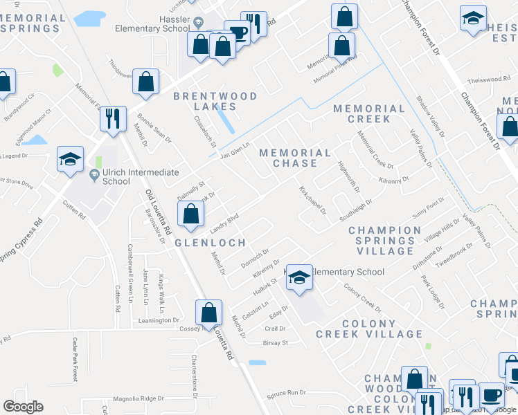 map of restaurants, bars, coffee shops, grocery stores, and more near 9503 Landry Boulevard in Spring