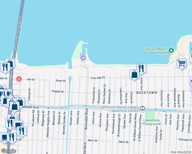 map of restaurants, bars, coffee shops, grocery stores, and more near 1456 Poinsettia Drive in Metairie