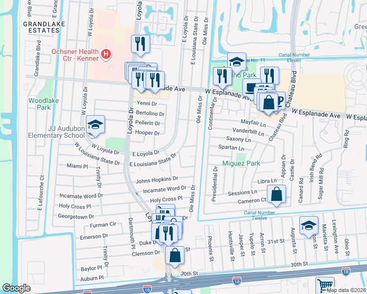 map of restaurants, bars, coffee shops, grocery stores, and more near 509 Villanova Place in Kenner