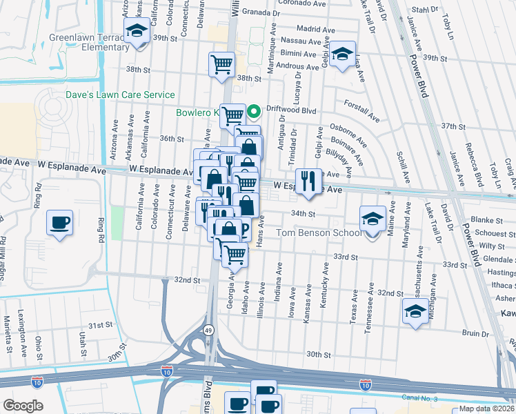 map of restaurants, bars, coffee shops, grocery stores, and more near 3371 Hans Avenue in Kenner