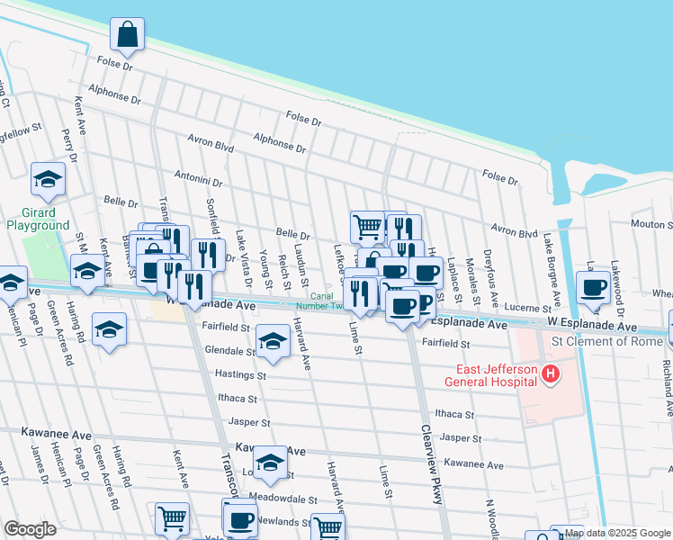 map of restaurants, bars, coffee shops, grocery stores, and more near 4428 Clearlake Drive in Metairie