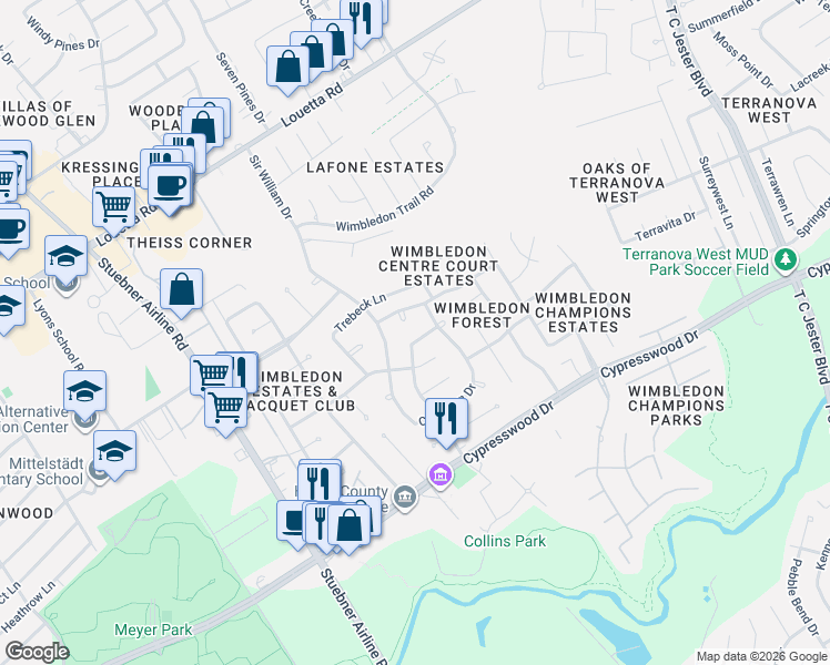 map of restaurants, bars, coffee shops, grocery stores, and more near 16323 North Greenfield Drive in Spring