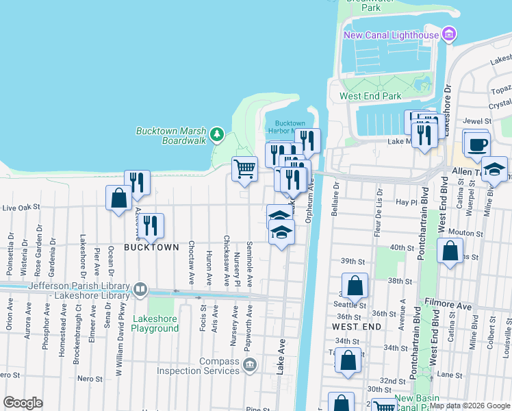 map of restaurants, bars, coffee shops, grocery stores, and more near 1450 Seminole Avenue in Metairie