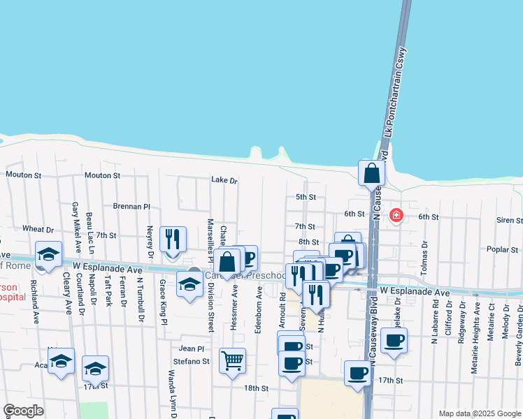 map of restaurants, bars, coffee shops, grocery stores, and more near 3824 Edenborn Avenue in Metairie