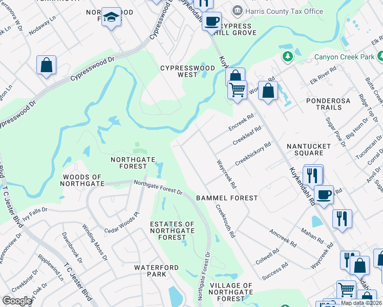 map of restaurants, bars, coffee shops, grocery stores, and more near 16914 Creeksouth Road in Houston