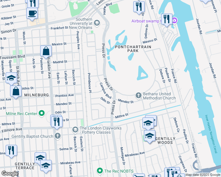 map of restaurants, bars, coffee shops, grocery stores, and more near 5662 Press Drive in New Orleans