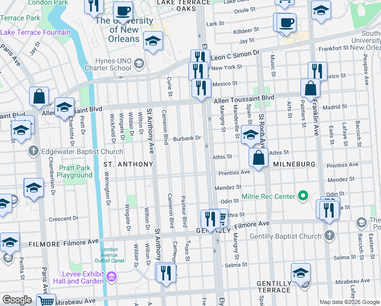 map of restaurants, bars, coffee shops, grocery stores, and more near 5741 Pasteur Boulevard in New Orleans