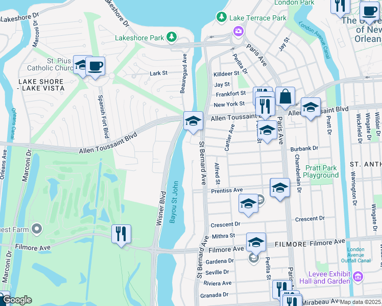 map of restaurants, bars, coffee shops, grocery stores, and more near 5934 Saint Bernard Avenue in New Orleans