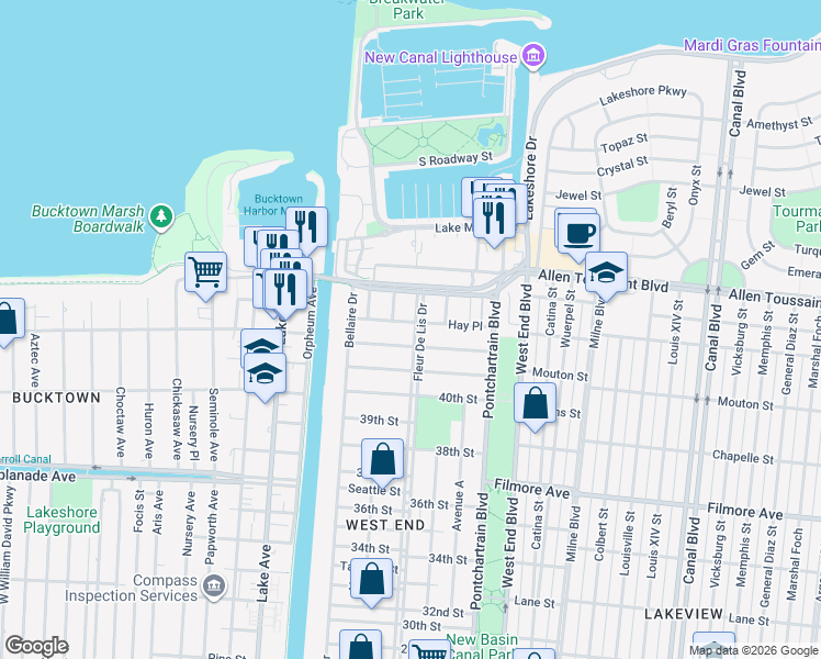 map of restaurants, bars, coffee shops, grocery stores, and more near 317 Stafford Place in New Orleans