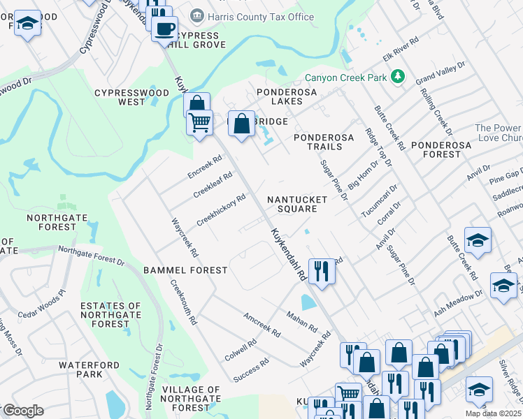 map of restaurants, bars, coffee shops, grocery stores, and more near 16631 Kuykendahl Road in Houston
