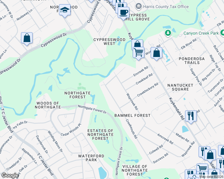map of restaurants, bars, coffee shops, grocery stores, and more near 16914 Creeksouth Road in Houston