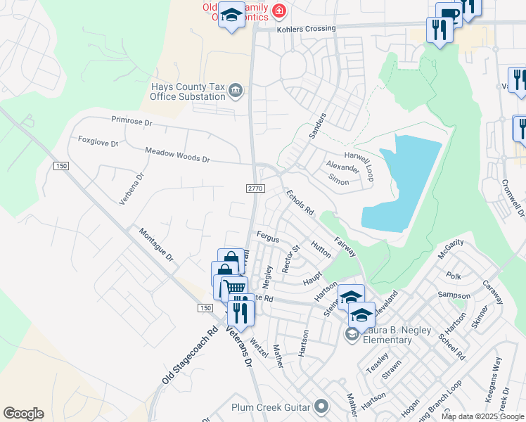map of restaurants, bars, coffee shops, grocery stores, and more near 301A Utterback in Kyle