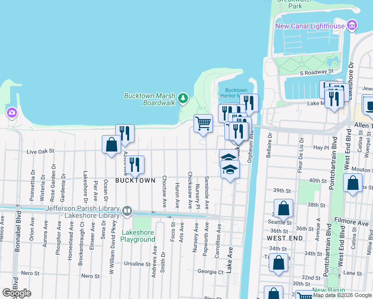 map of restaurants, bars, coffee shops, grocery stores, and more near 504 Live Oak Street in Metairie