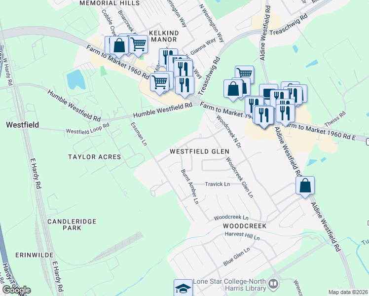 map of restaurants, bars, coffee shops, grocery stores, and more near 21231 Tancah Lane in Houston