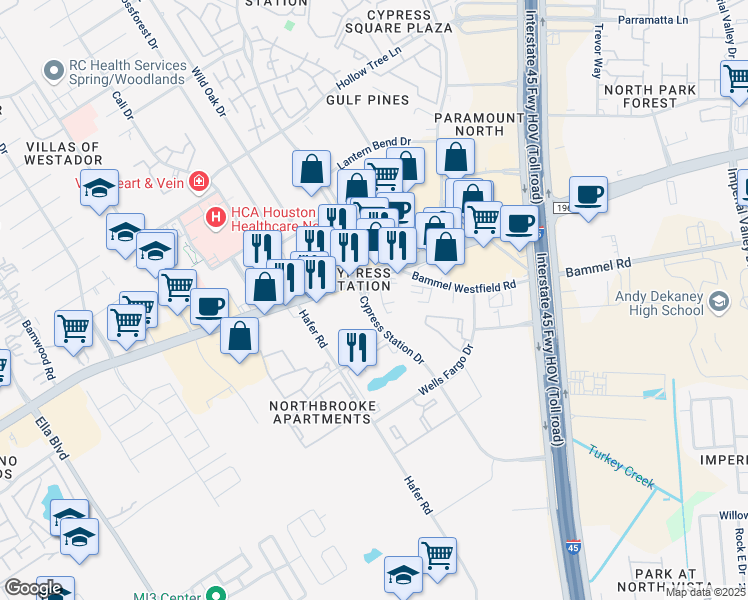 map of restaurants, bars, coffee shops, grocery stores, and more near 1539 Cypress Station Drive in Houston