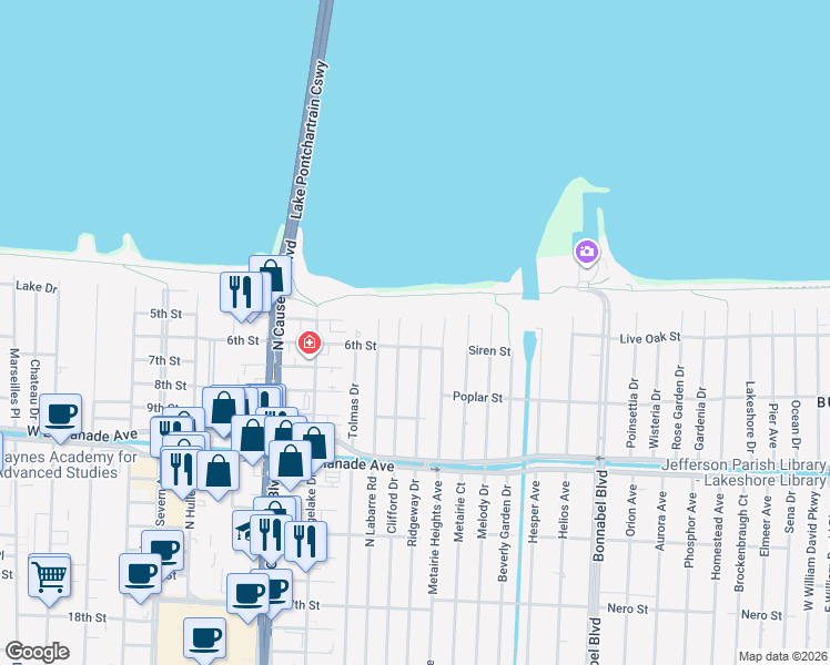 map of restaurants, bars, coffee shops, grocery stores, and more near 4000 Metairie Heights Avenue in Metairie