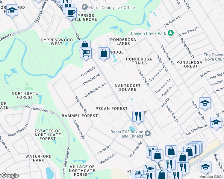map of restaurants, bars, coffee shops, grocery stores, and more near 16631 Kuykendahl Road in Houston