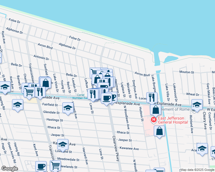 map of restaurants, bars, coffee shops, grocery stores, and more near 4509 Lorino Street in Metairie