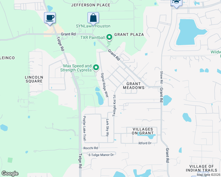 map of restaurants, bars, coffee shops, grocery stores, and more near 15202 Signal Ridge Way in Cypress