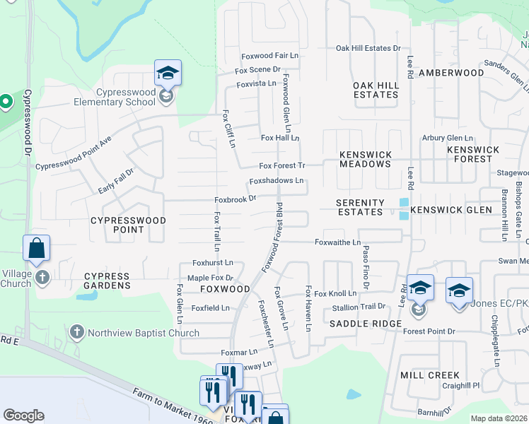 map of restaurants, bars, coffee shops, grocery stores, and more near Foxtail Meadow Court in Harris County