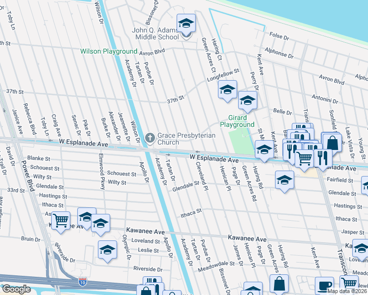 map of restaurants, bars, coffee shops, grocery stores, and more near 5875 West Esplanade Avenue in Metairie
