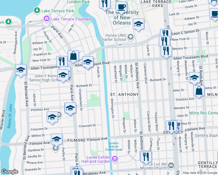 map of restaurants, bars, coffee shops, grocery stores, and more near 5901 Pratt Drive in New Orleans