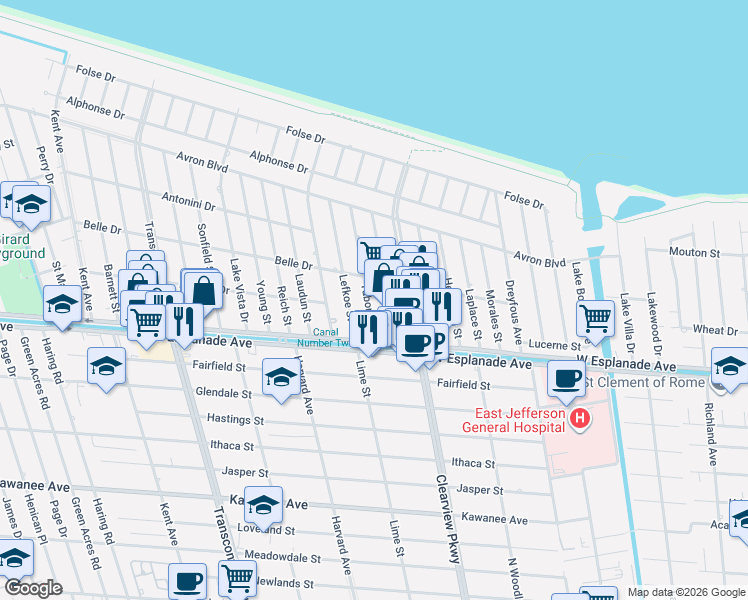 map of restaurants, bars, coffee shops, grocery stores, and more near 4516 Tabony Street in Metairie