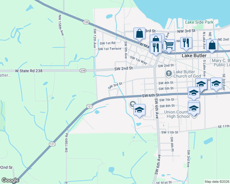 map of restaurants, bars, coffee shops, grocery stores, and more near 1005 Southwest 6th Street in Lake Butler
