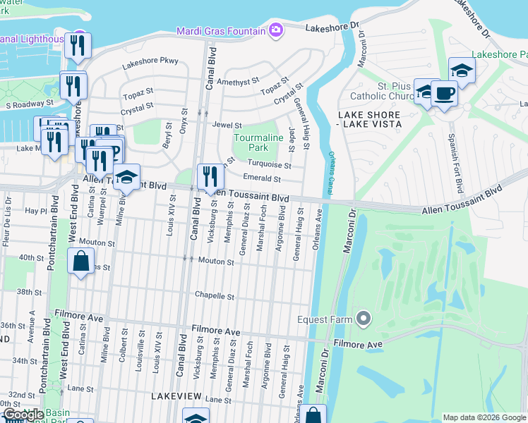 map of restaurants, bars, coffee shops, grocery stores, and more near 7033 Marshal Foch in New Orleans