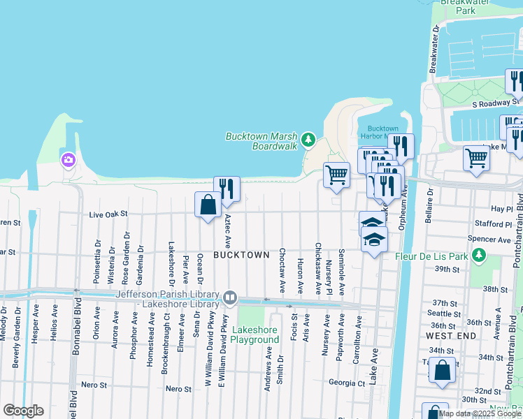 map of restaurants, bars, coffee shops, grocery stores, and more near 804 Live Oak Street in Metairie